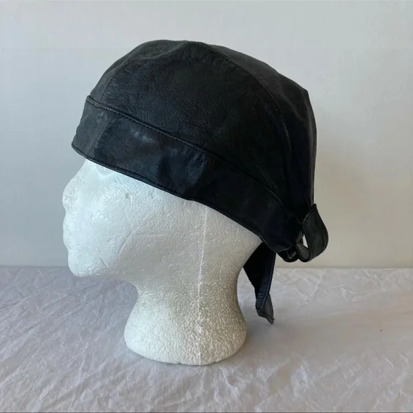 Motorcycle Skull Cap Tie Back Black leather One Size - Picture 2 of 4